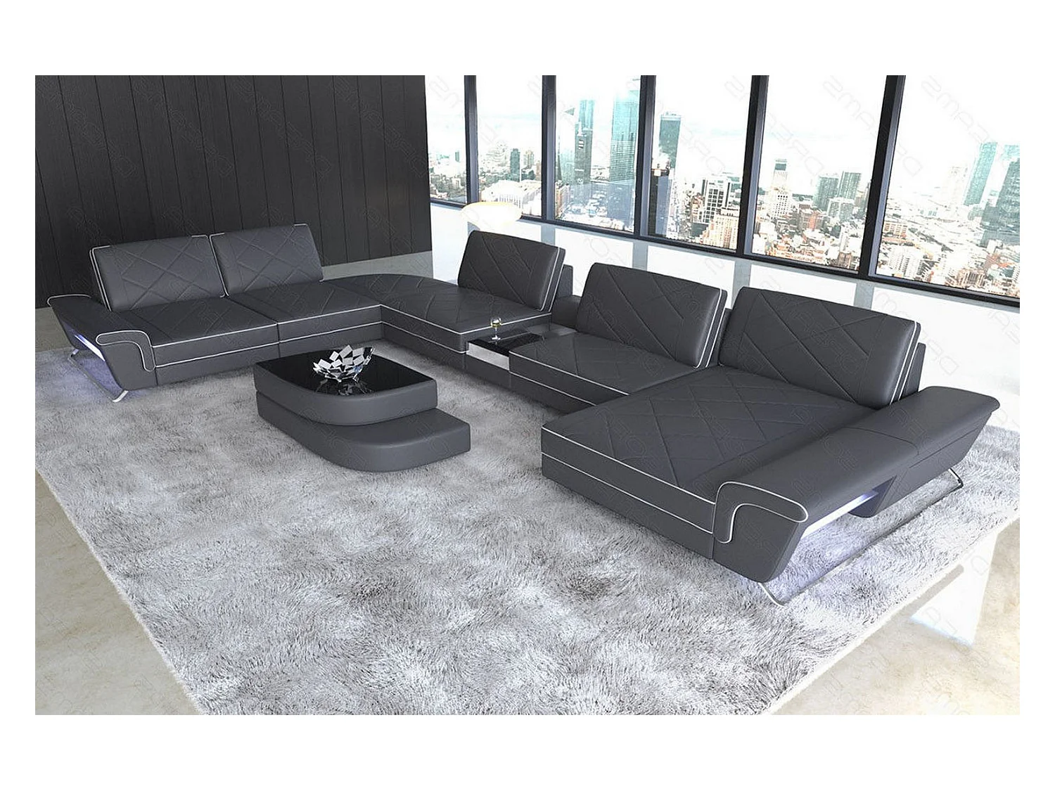 Sofa Bari U XXL Leder Ledermix Grau Weiß Rechts