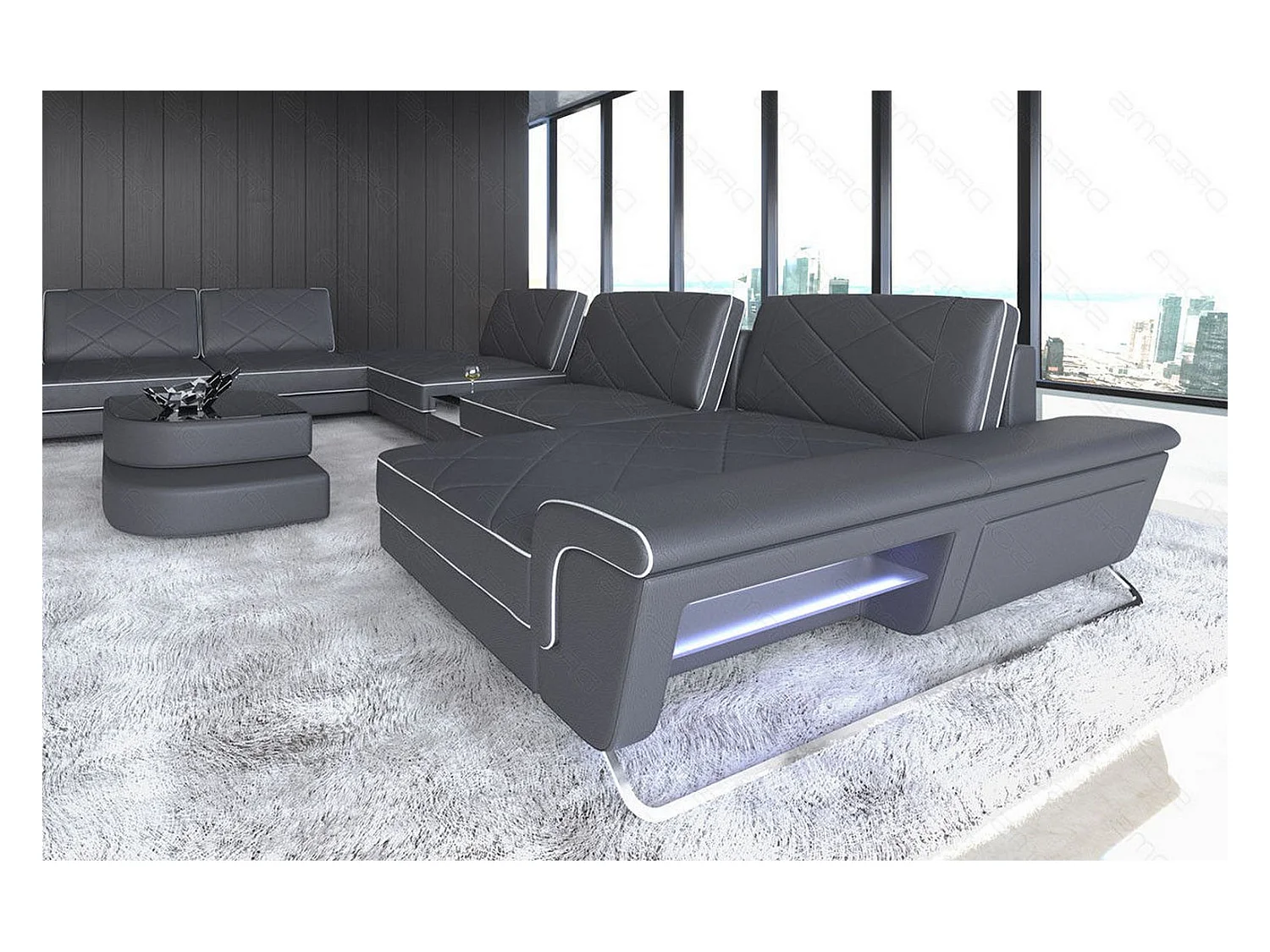 Sofa Bari U XXL Leder Ledermix Grau Weiß Rechts