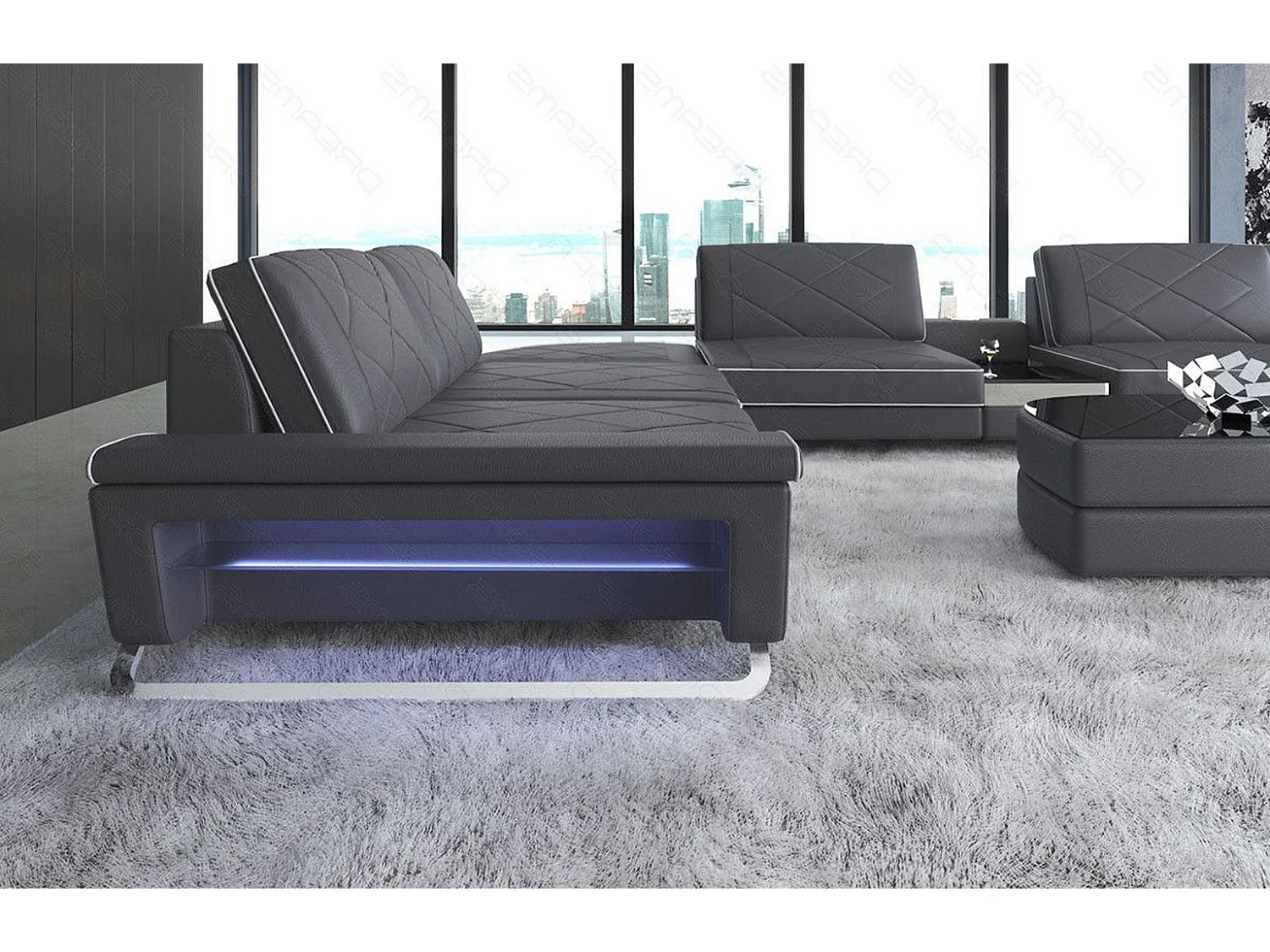 Sofa Bari U XXL Leder Ledermix Grau Weiß Rechts