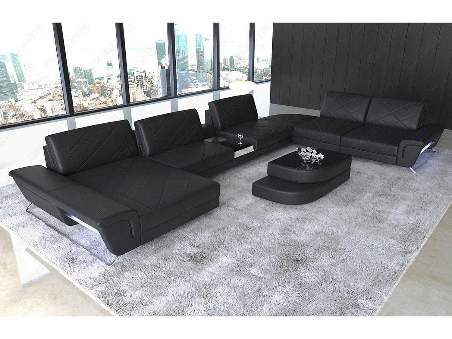 Sofa Bari U XXL Leder Kunstleder Schwarz Links