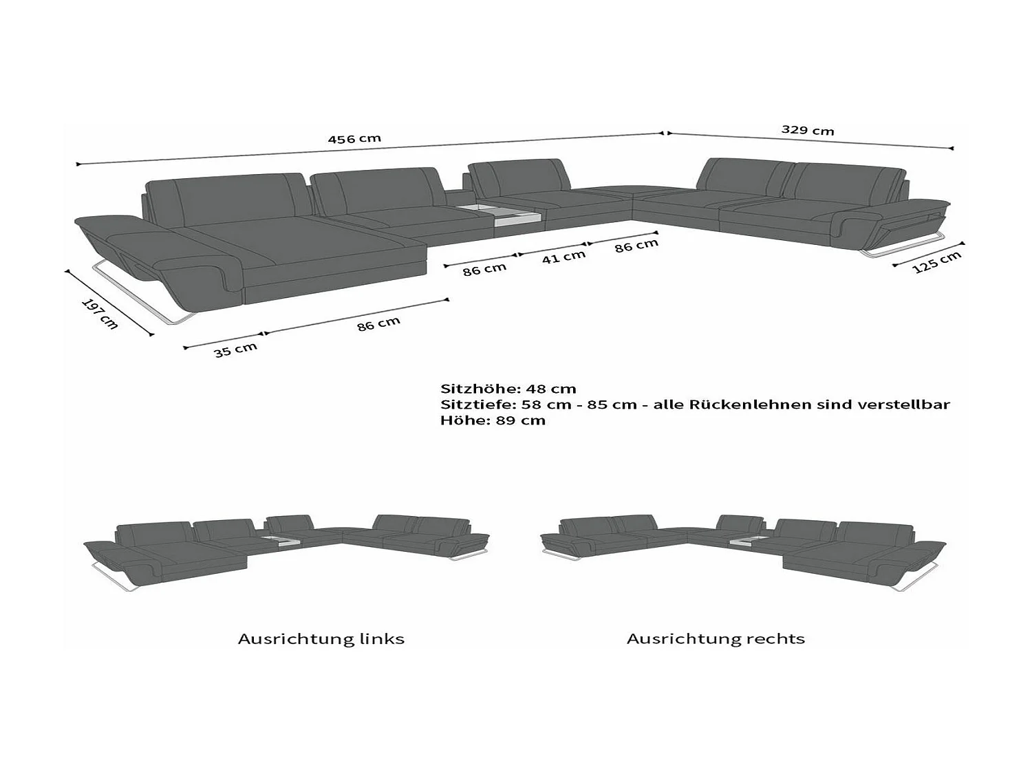 Sofa Bari U XXL Leder Kunstleder Schwarz Links