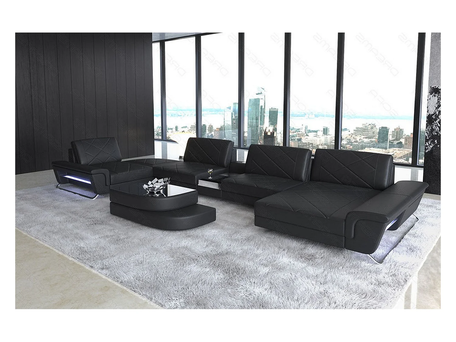 Sofa Bari U Leder Echtleder Schwarz Rechts