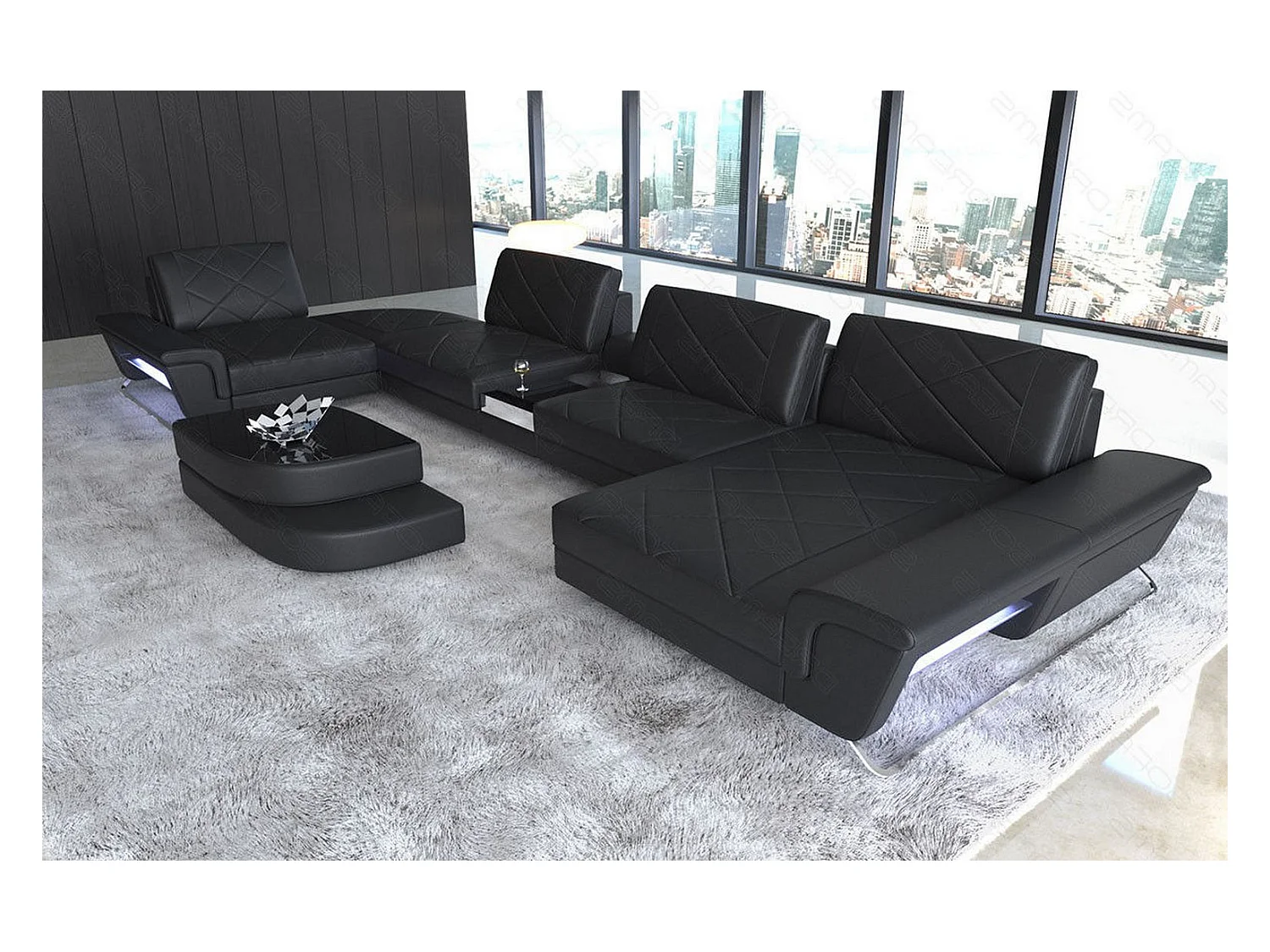 Sofa Bari U Leder Echtleder Schwarz Rechts