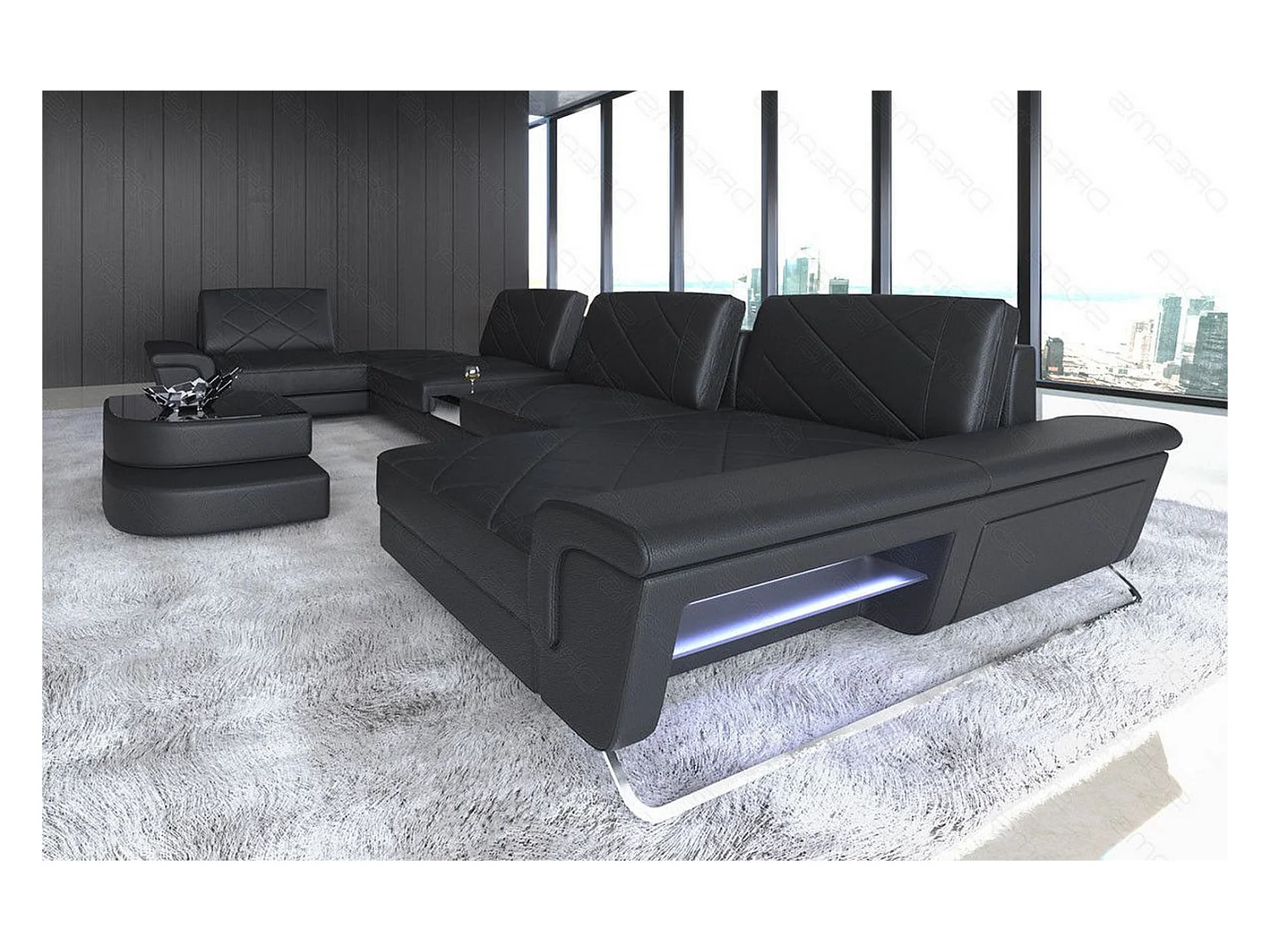 Sofa Bari U Leder Echtleder Schwarz Rechts