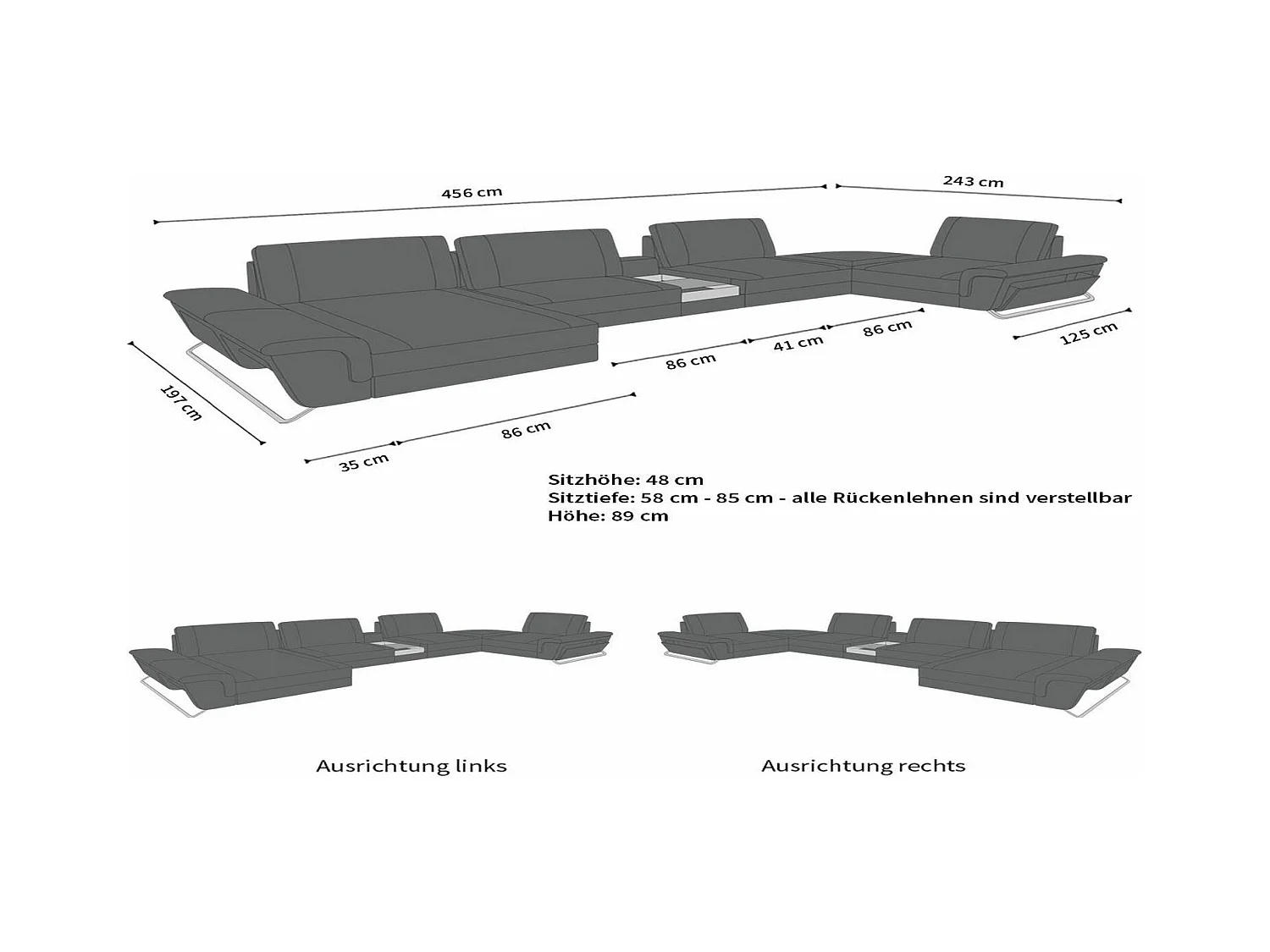 Sofa Bari U Leder Echtleder Schwarz Rechts