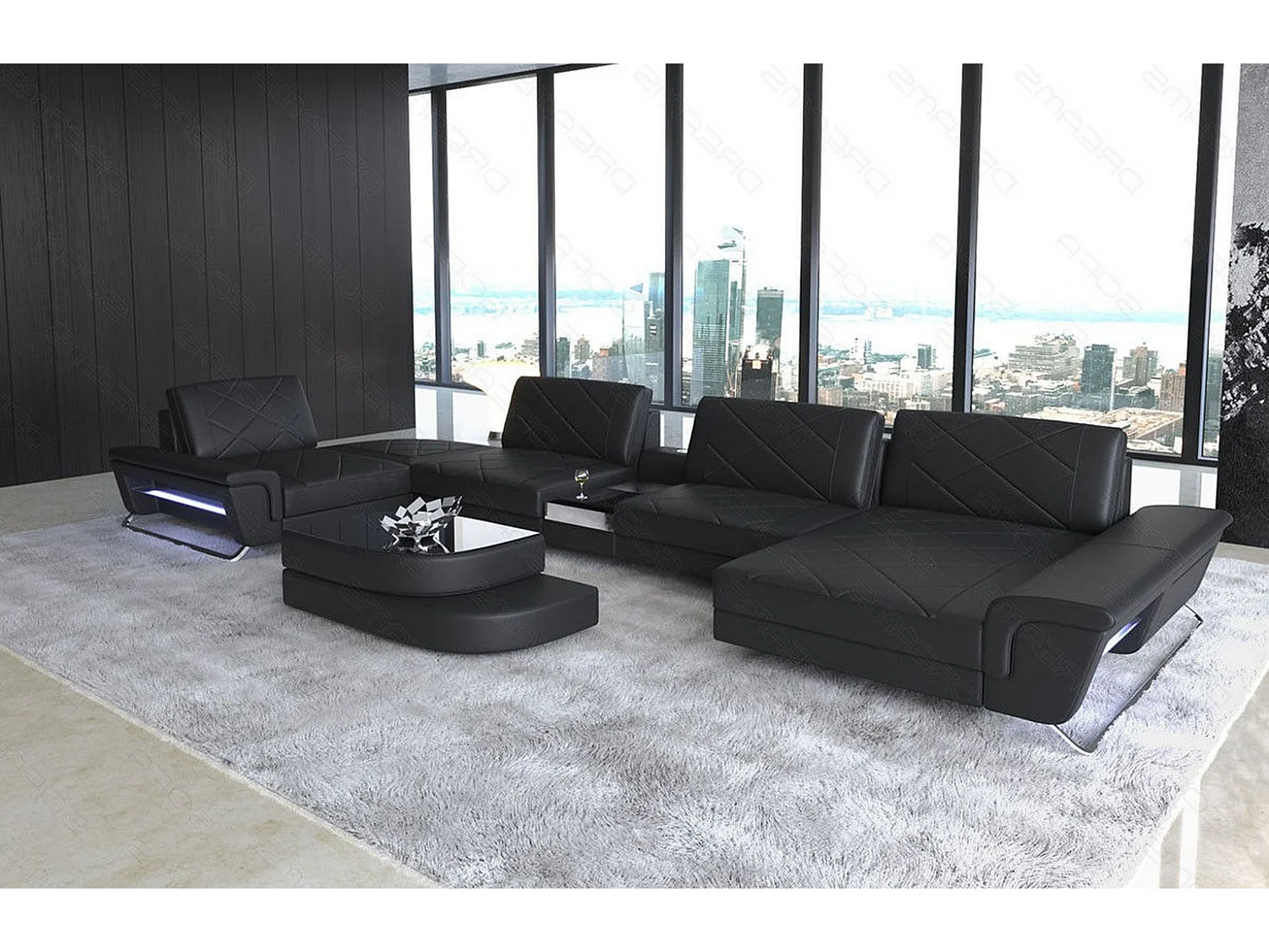 Sofa Bari U Leder Echtleder Schwarz Rechts