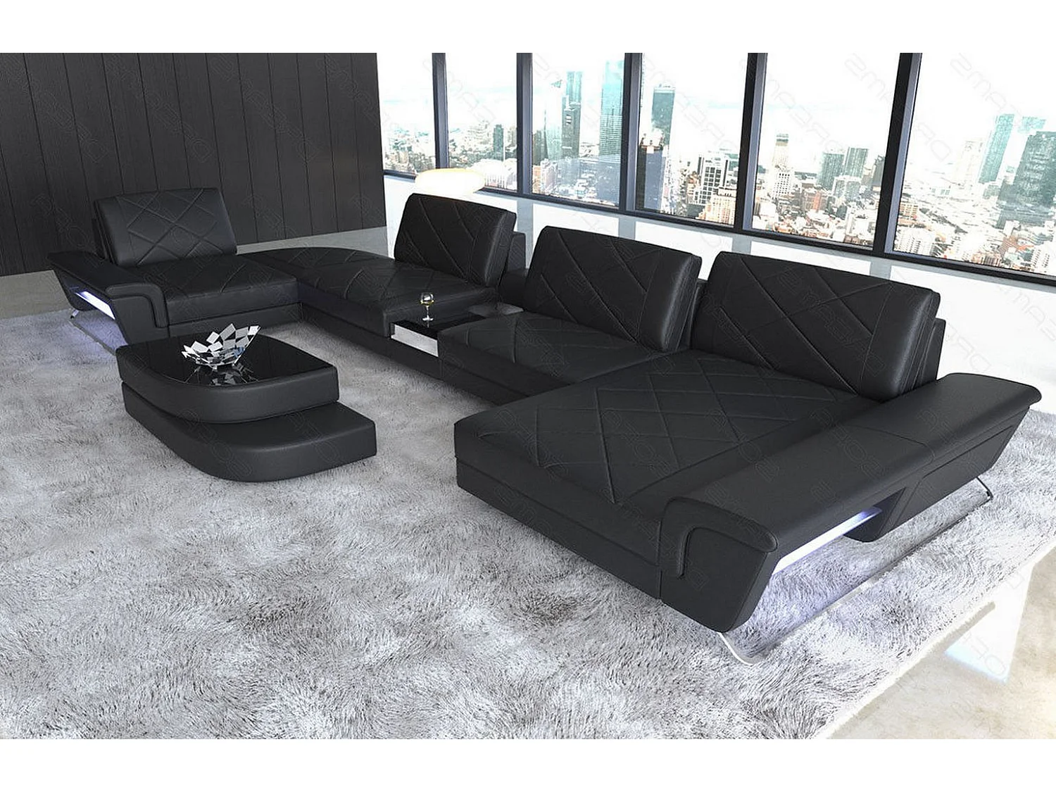 Sofa Bari U Leder Echtleder Schwarz Rechts