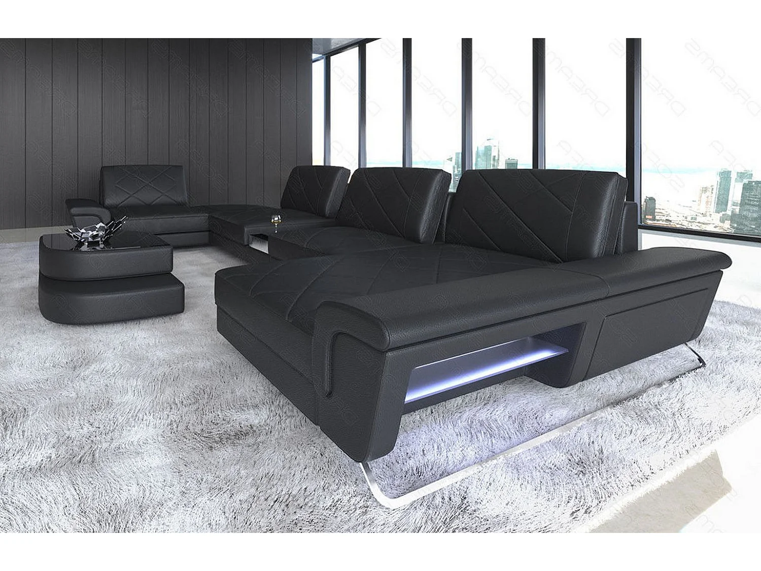 Sofa Bari U Leder Echtleder Schwarz Rechts