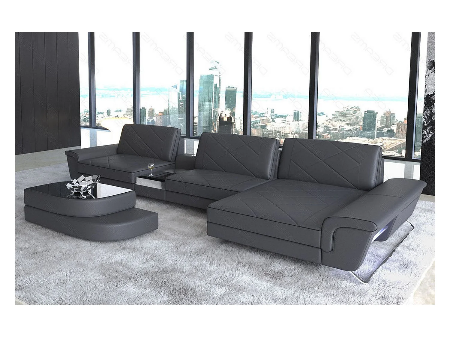 Ledersofa Bari L Ledermix Schwarz Grau Rechts