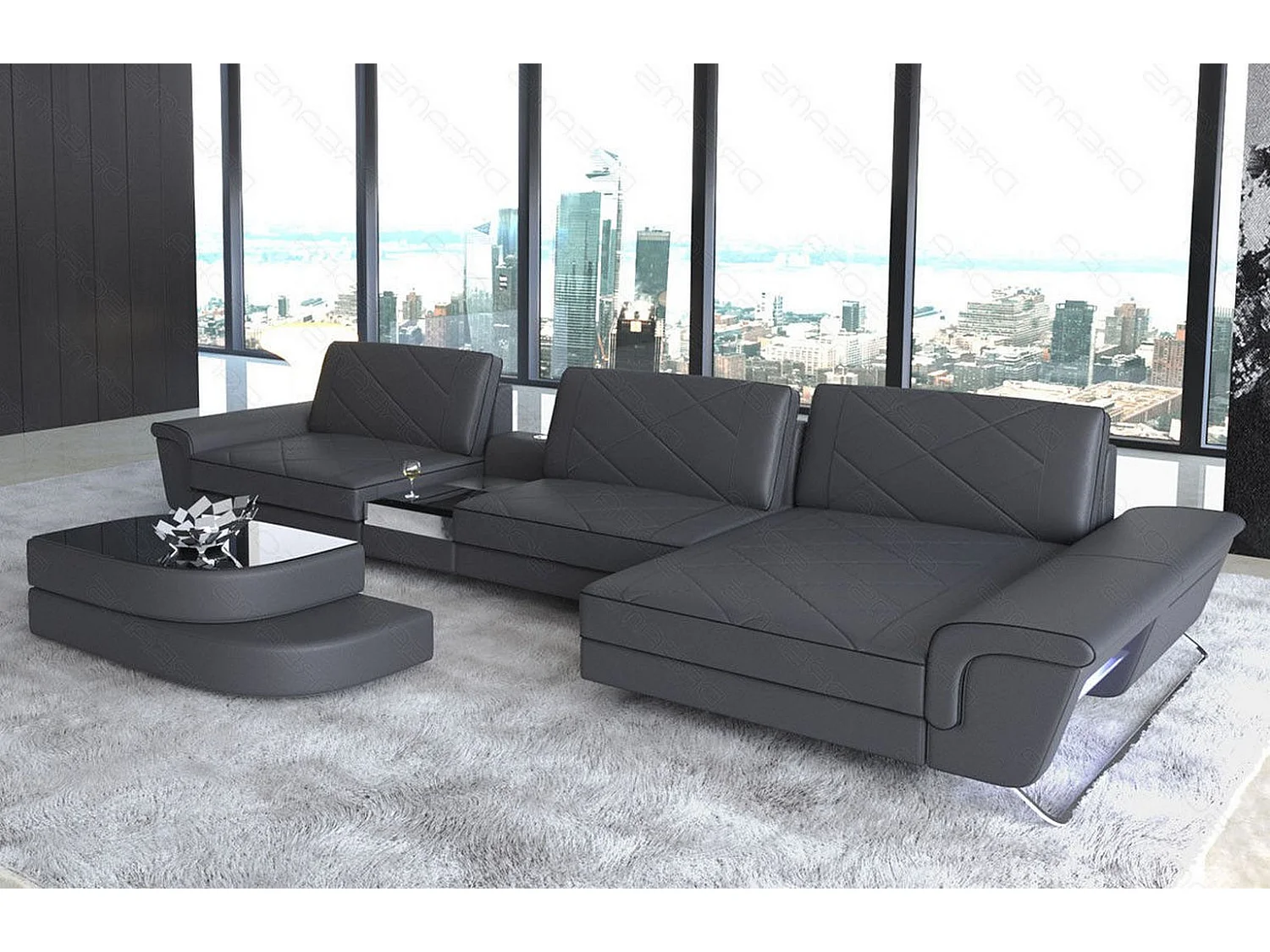 Ledersofa Bari L Ledermix Schwarz Grau Rechts