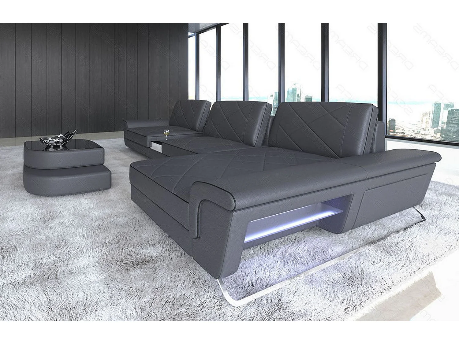 Ledersofa Bari L Ledermix Schwarz Grau Rechts