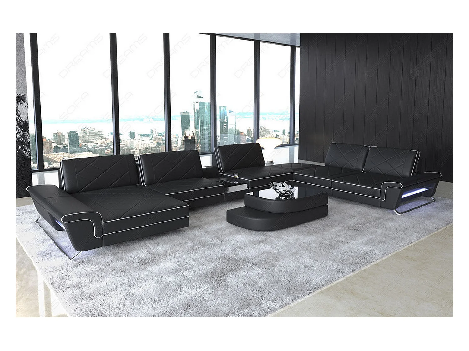 Sofa Bari U XXL Leder Ledermix Schwarz Weiß Links