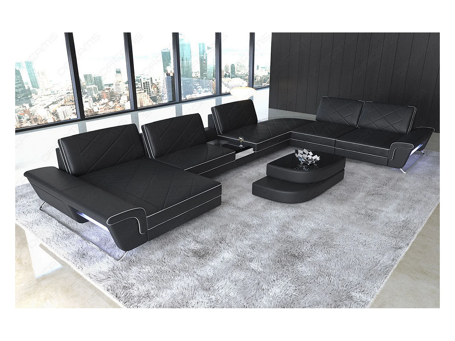 Sofa Bari U XXL Leder Ledermix Schwarz Weiß Links