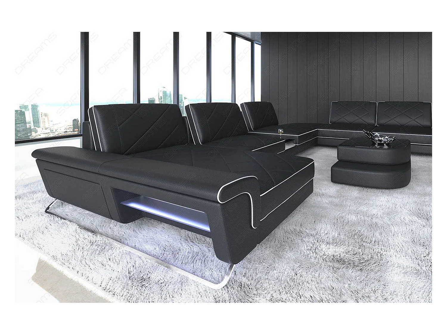 Sofa Bari U XXL Leder Ledermix Schwarz Weiß Links