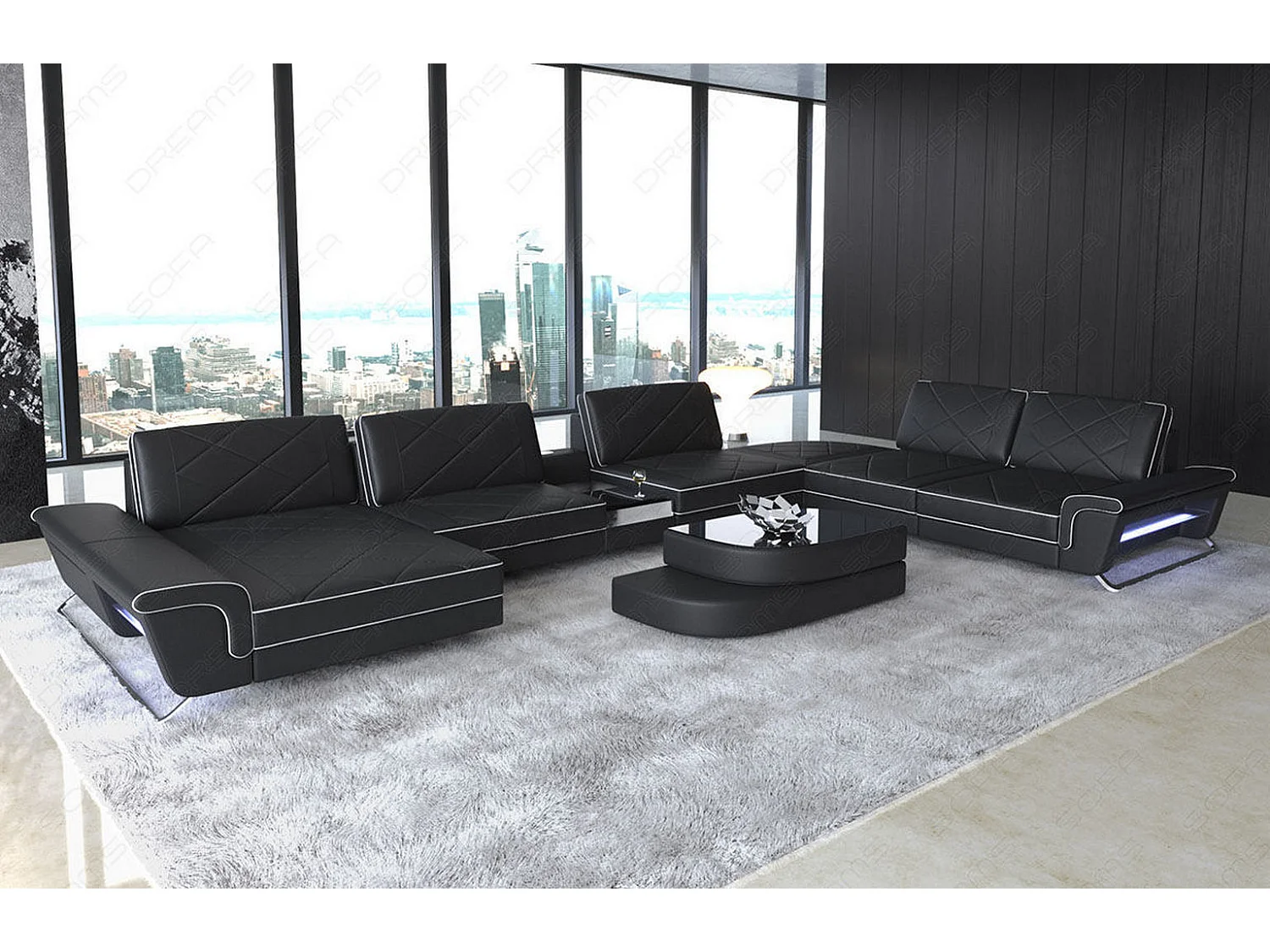 Sofa Bari U XXL Leder Ledermix Schwarz Weiß Links