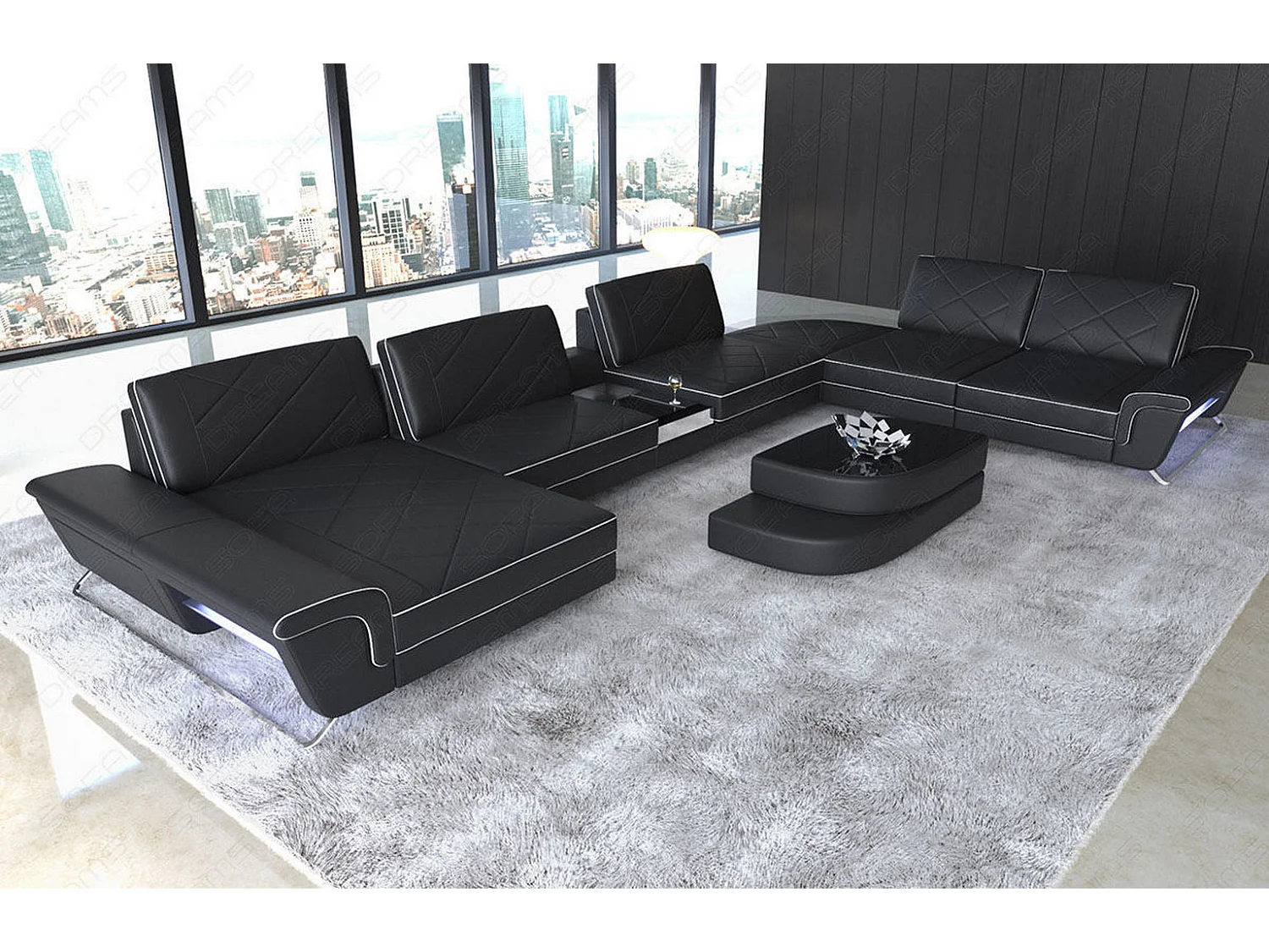 Sofa Bari U XXL Leder Ledermix Schwarz Weiß Links