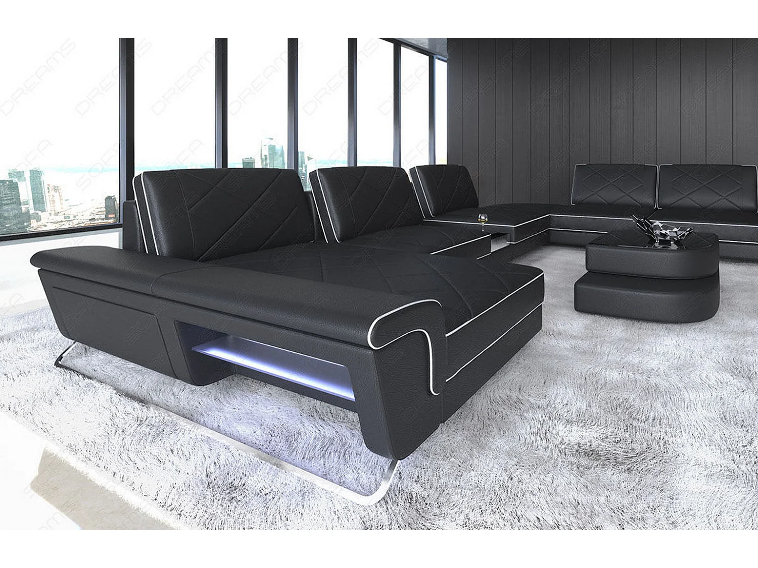 Sofa Bari U XXL Leder Ledermix Schwarz Weiß Links