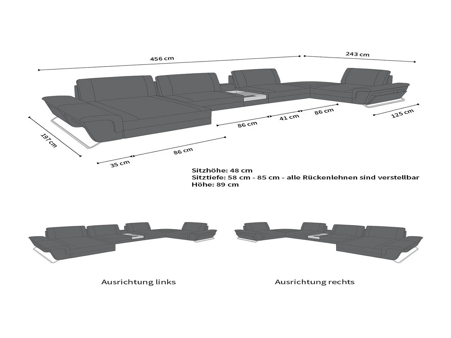Sofa Bari U Leder Kunstleder Weiß Schwarz Rechts