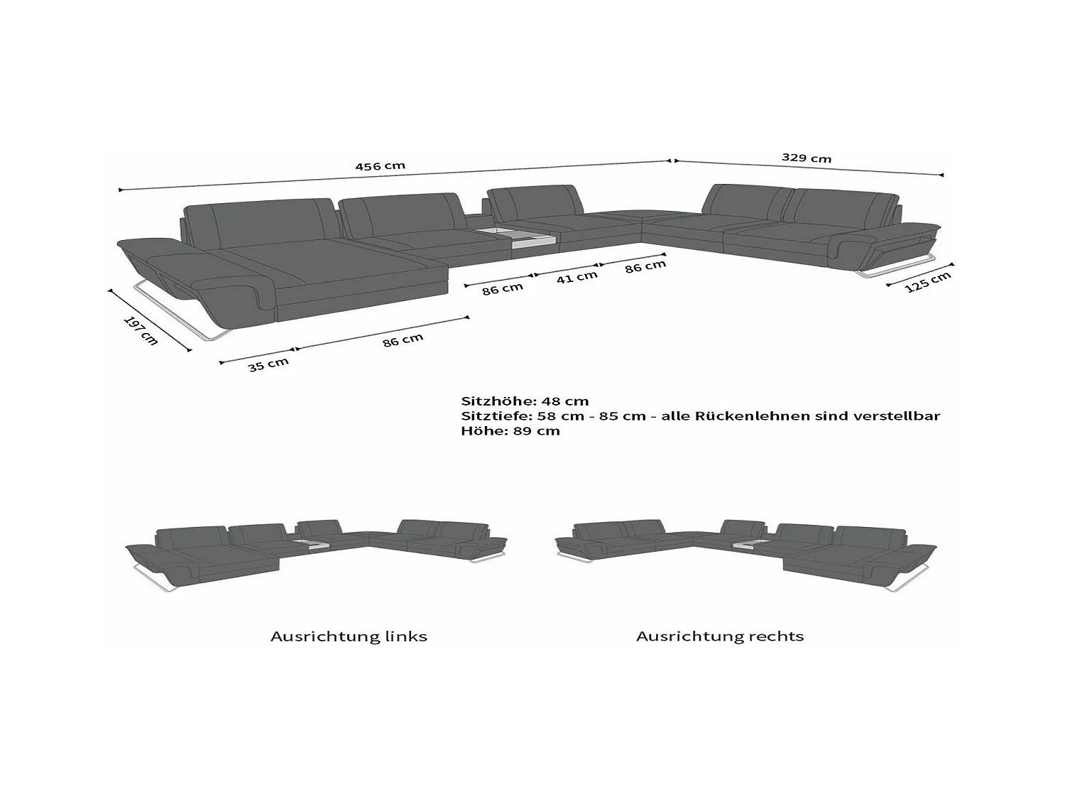 Sofa Bari U XXL Leder Ledermix Schwarz Rechts