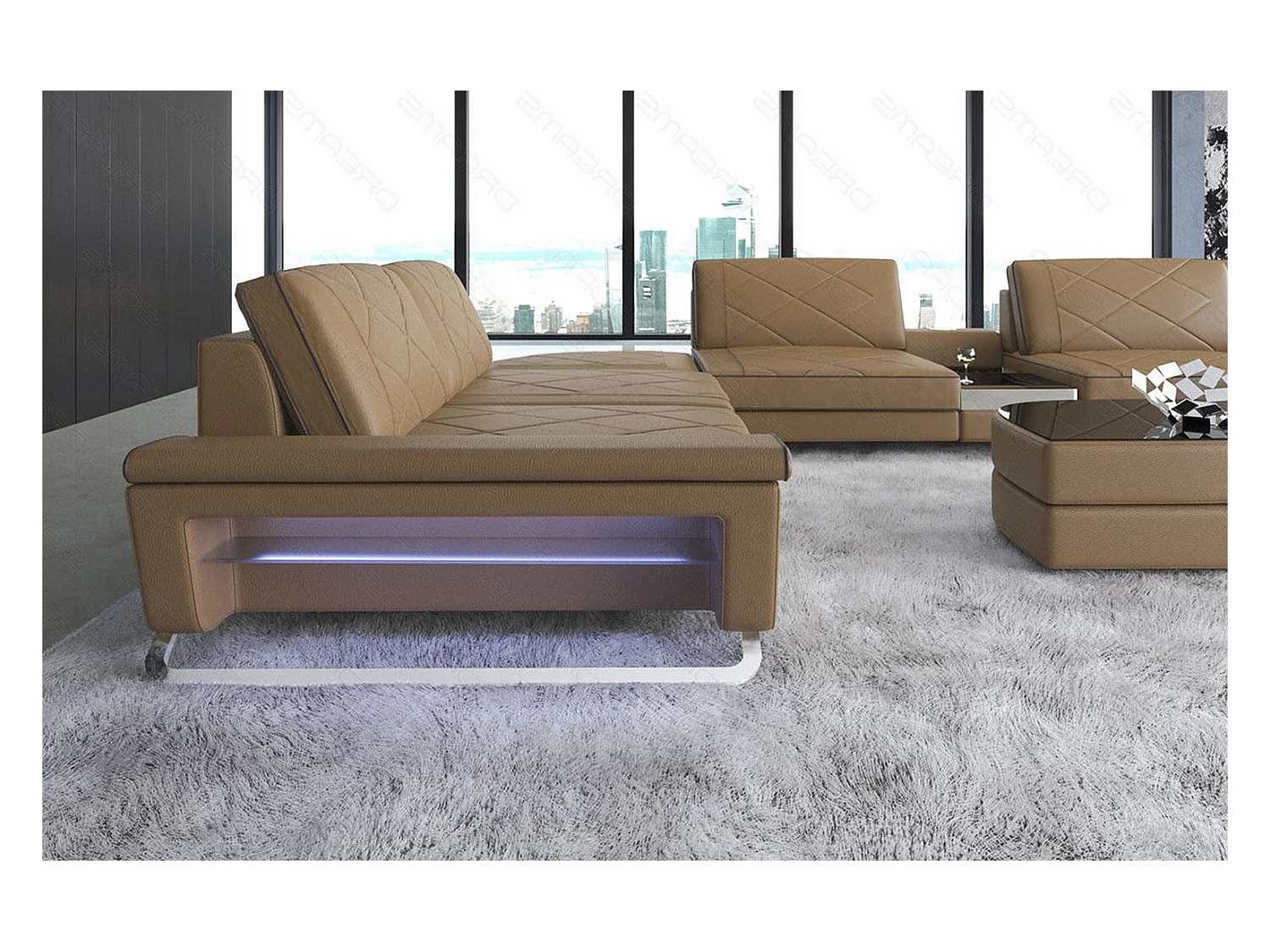Sofa Bari U XXL Leder Kunstleder Sandbeige Braun Rechts