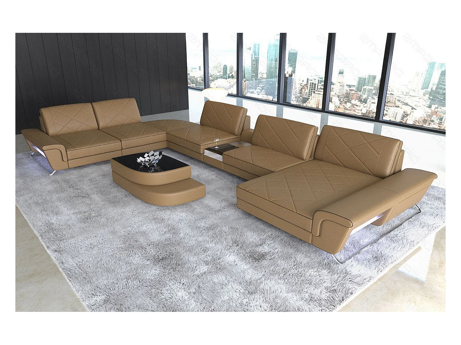 Sofa Bari U XXL Leder Kunstleder Sandbeige Braun Rechts