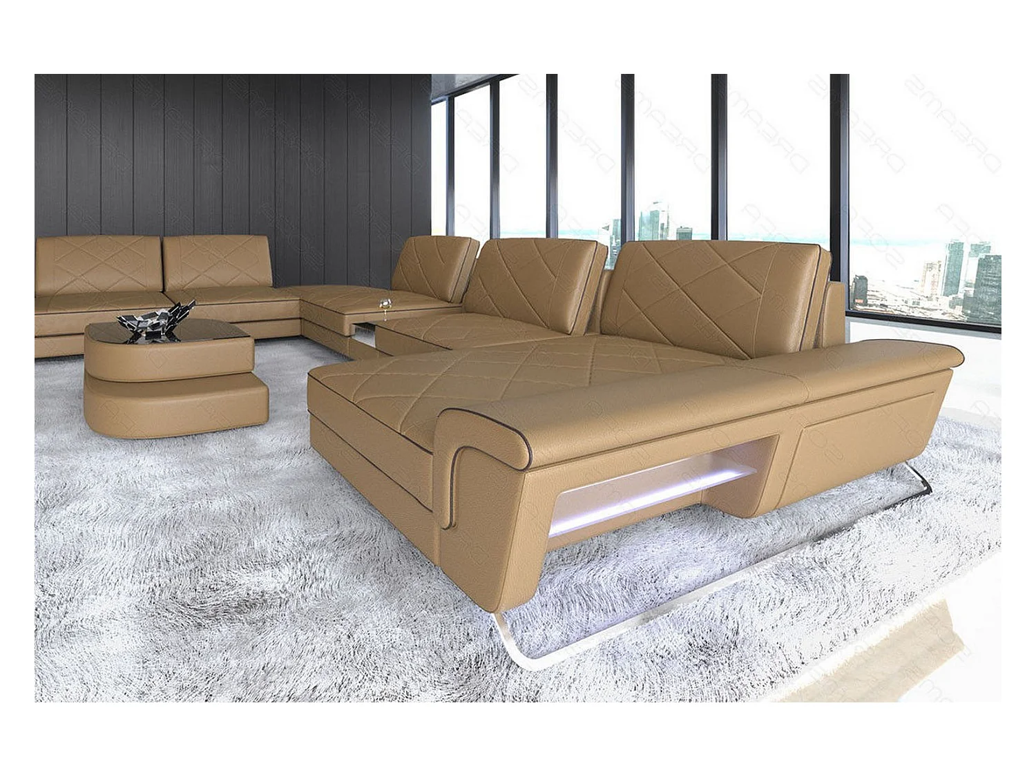 Sofa Bari U XXL Leder Kunstleder Sandbeige Braun Rechts