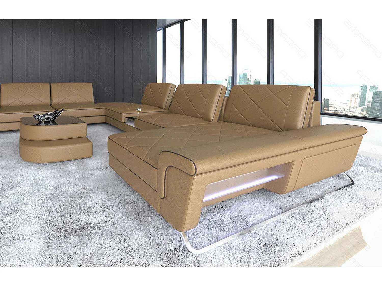 Sofa Bari U XXL Leder Kunstleder Sandbeige Braun Rechts