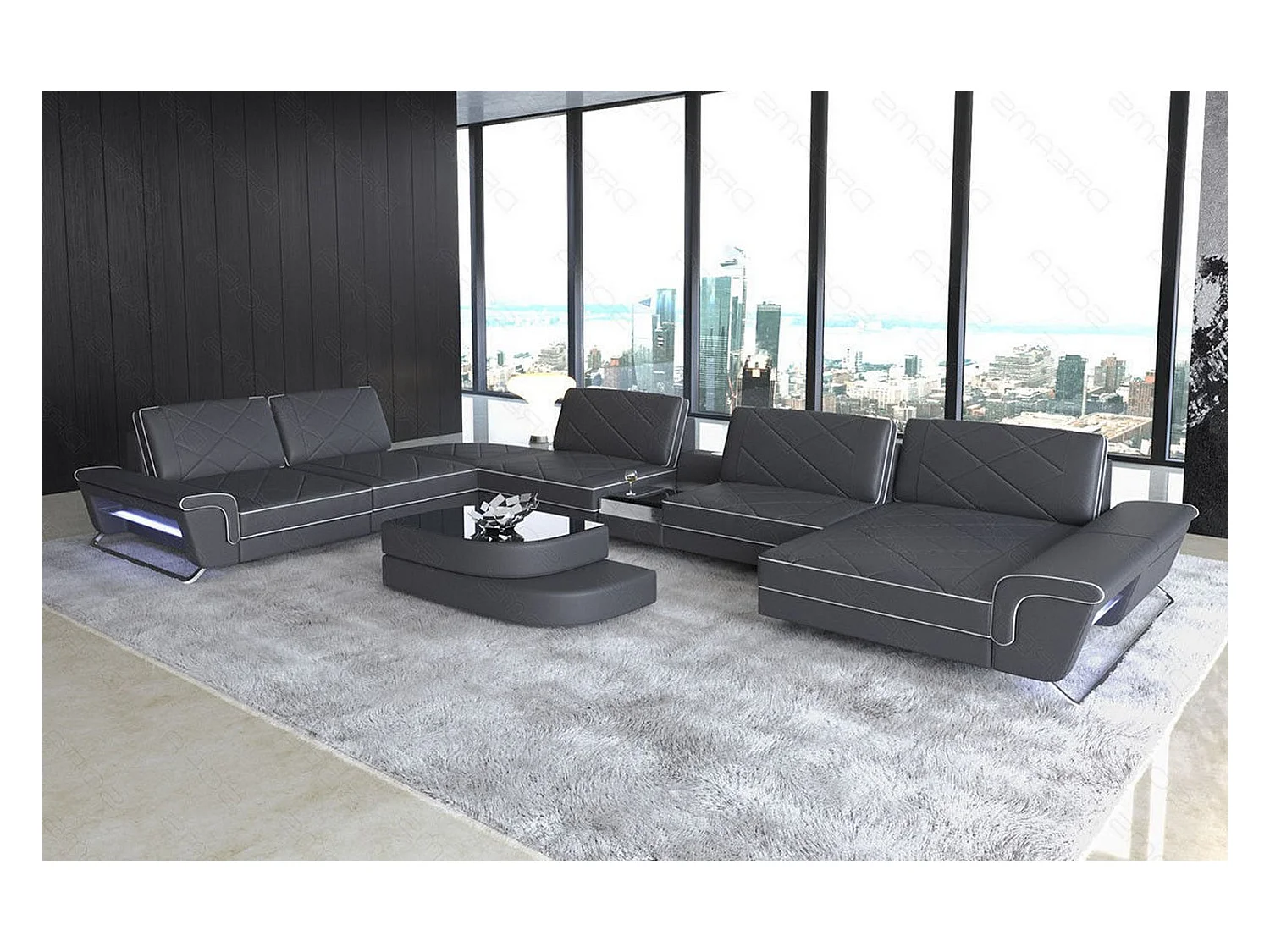 Sofa Bari U XXL Leder Kunstleder Grau Weiß Rechts