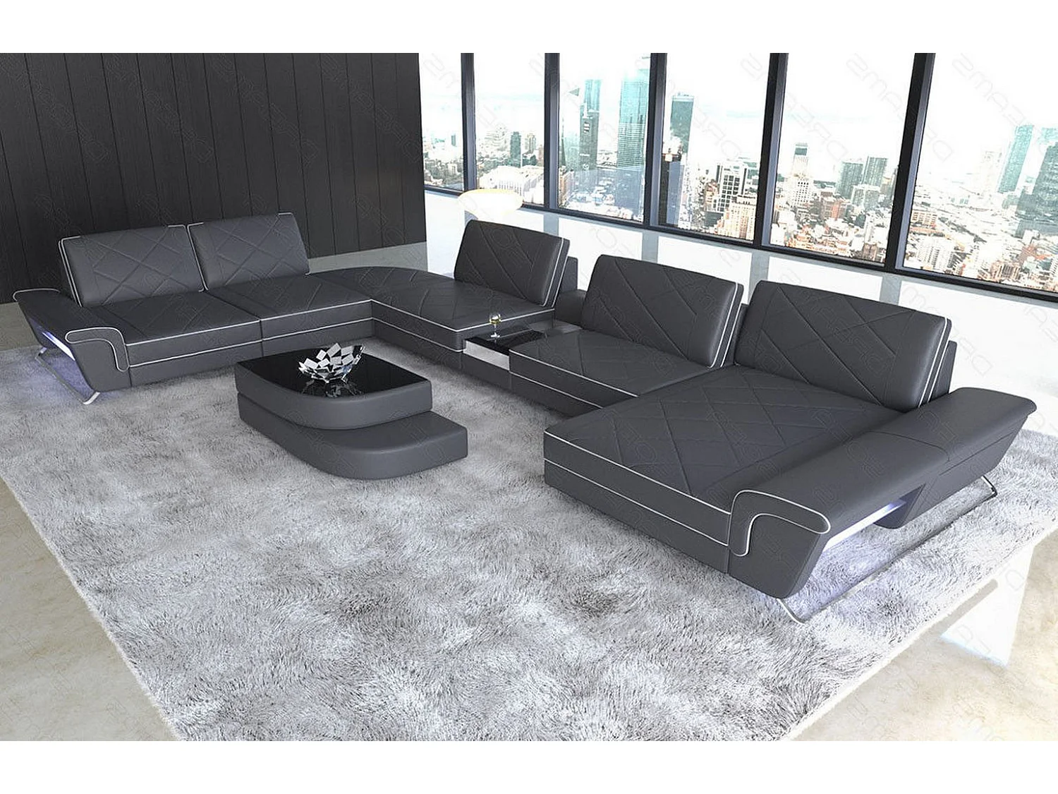 Sofa Bari U XXL Leder Kunstleder Grau Weiß Rechts