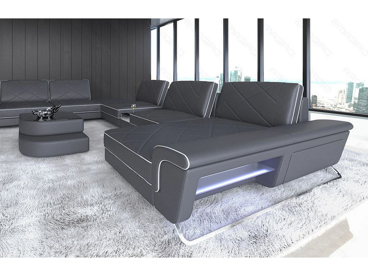 Sofa Bari U XXL Leder Kunstleder Grau Weiß Rechts