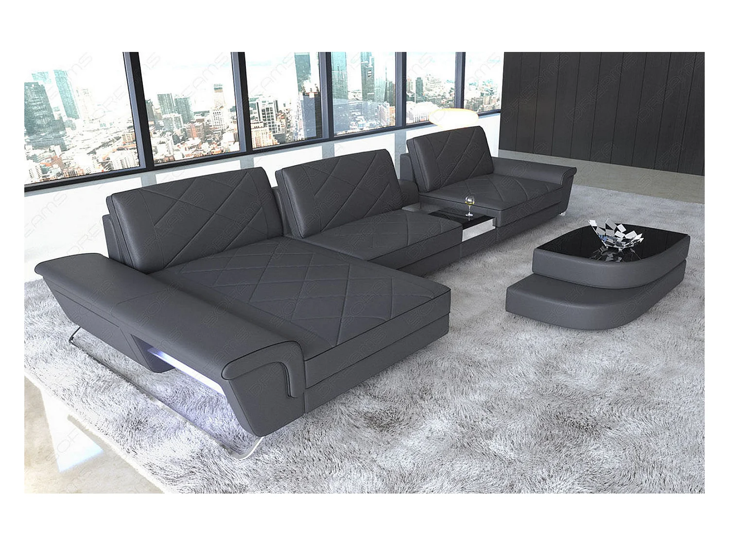 Ledersofa Bari L Ledermix Schwarz Grau Links
