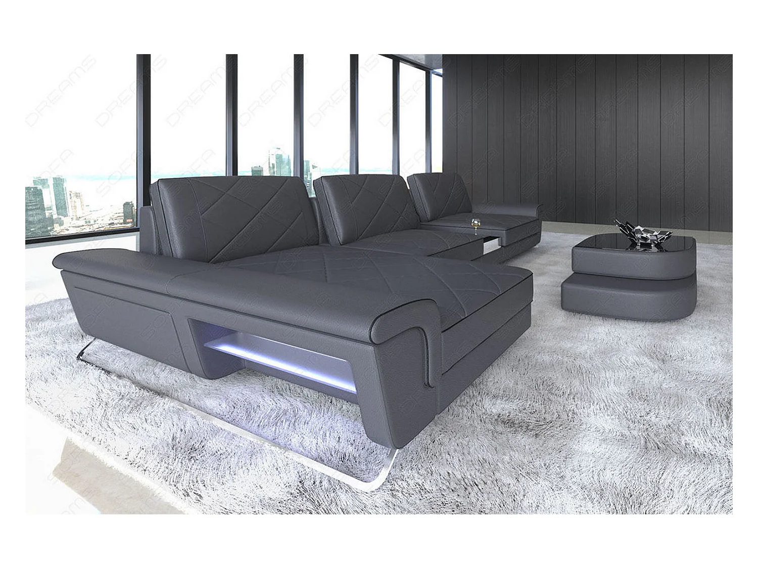 Ledersofa Bari L Ledermix Schwarz Grau Links