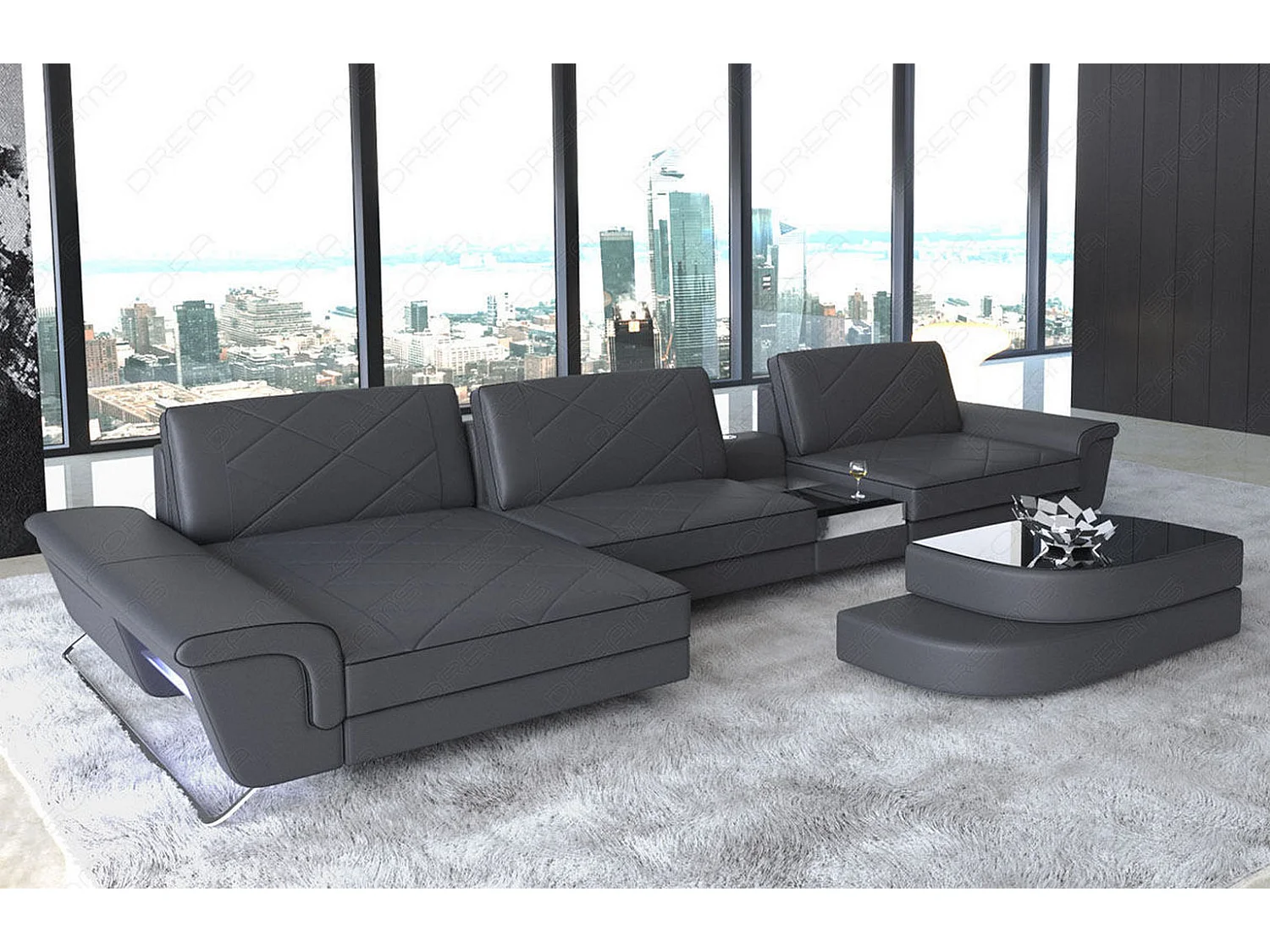 Ledersofa Bari L Ledermix Schwarz Grau Links