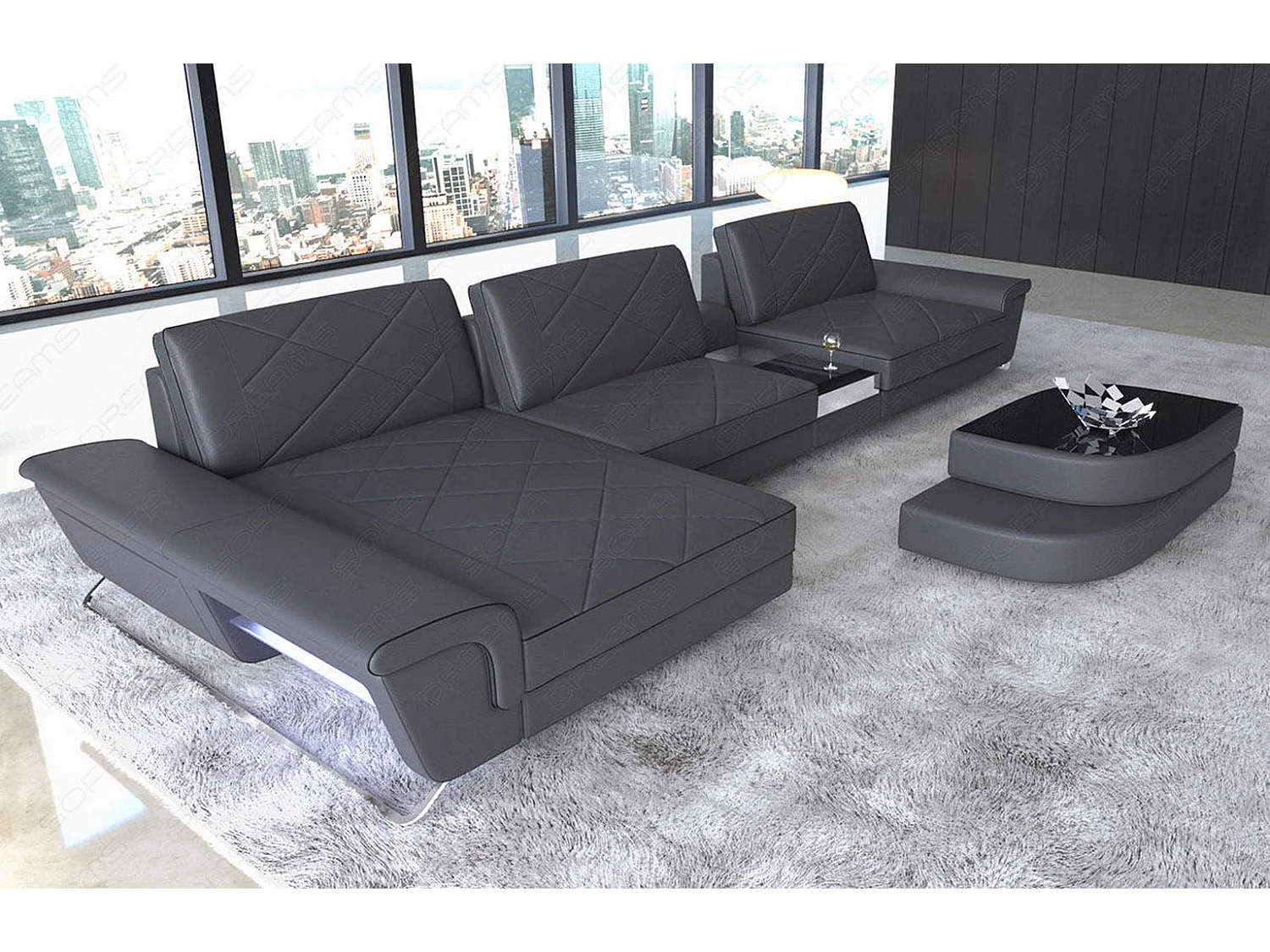 Ledersofa Bari L Ledermix Schwarz Grau Links