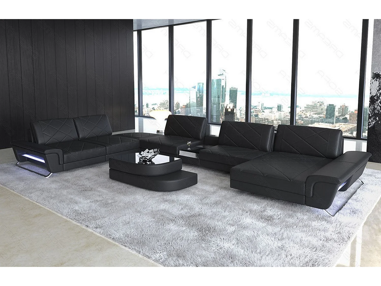 Sofa Bari U XXL Leder Echtleder Schwarz Rechts