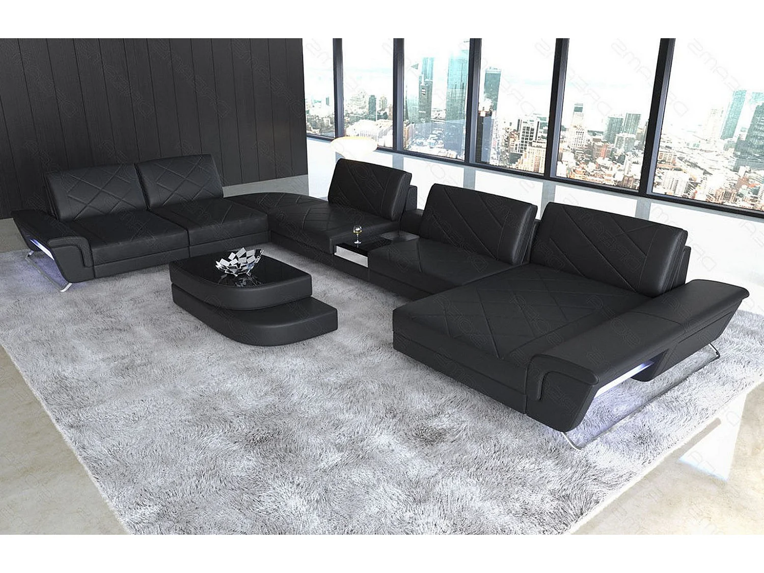 Sofa Bari U XXL Leder Echtleder Schwarz Rechts