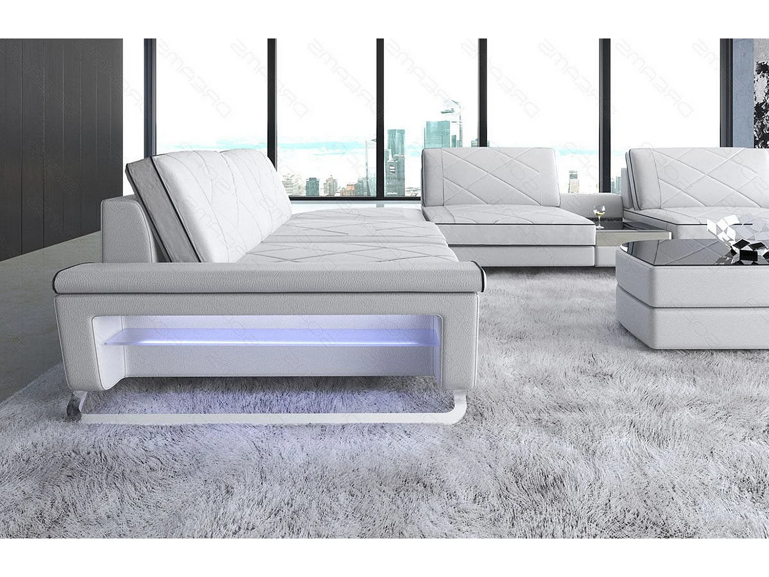 Sofa Bari U XXL Leder Ledermix Weiß Schwarz Rechts