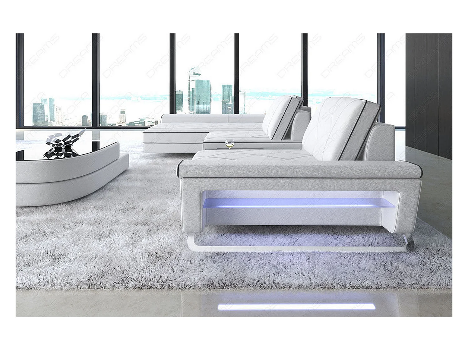 Ledersofa Bari L Kunstleder Weiß Schwarz Links