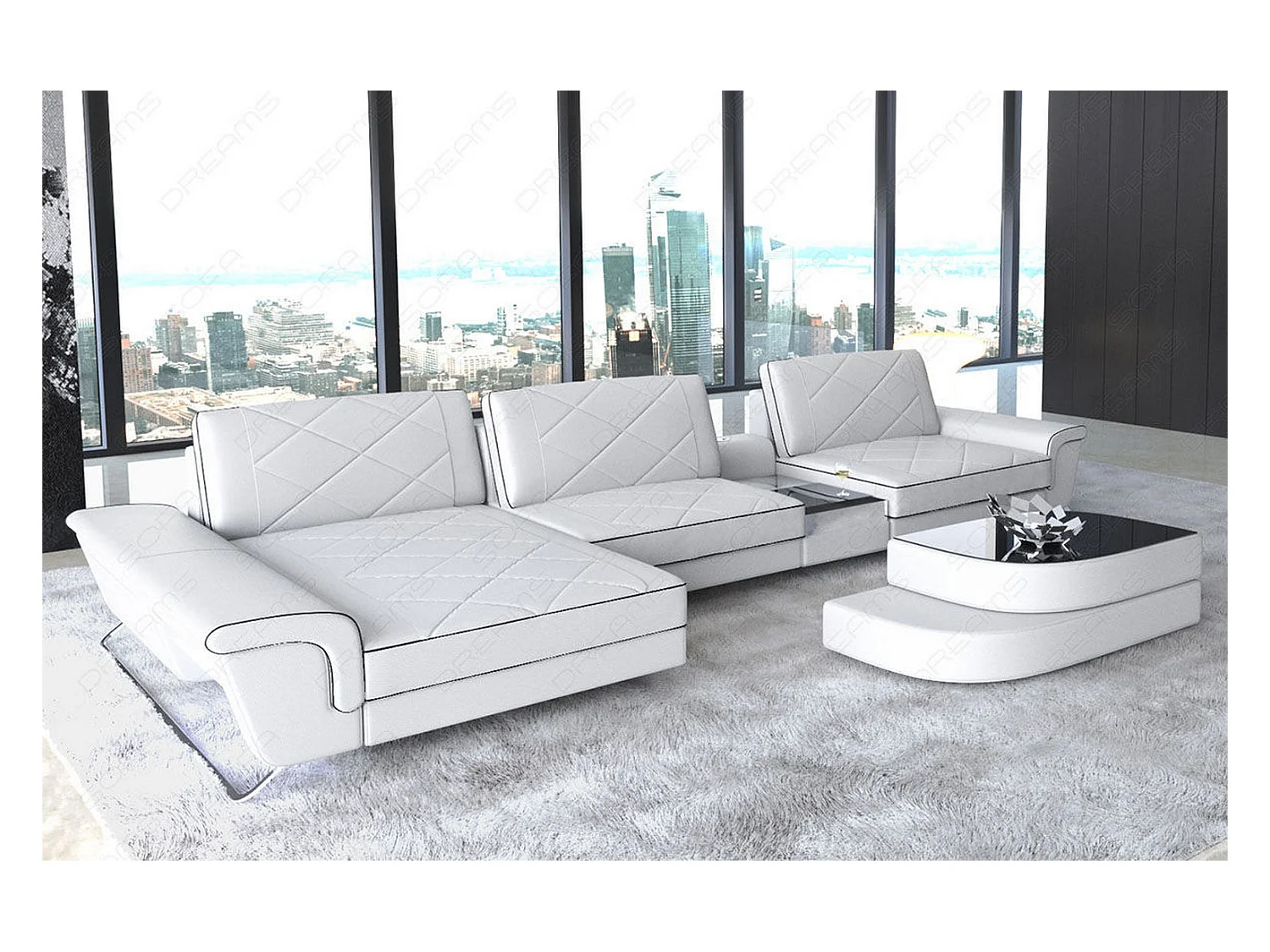 Ledersofa Bari L Kunstleder Weiß Schwarz Links