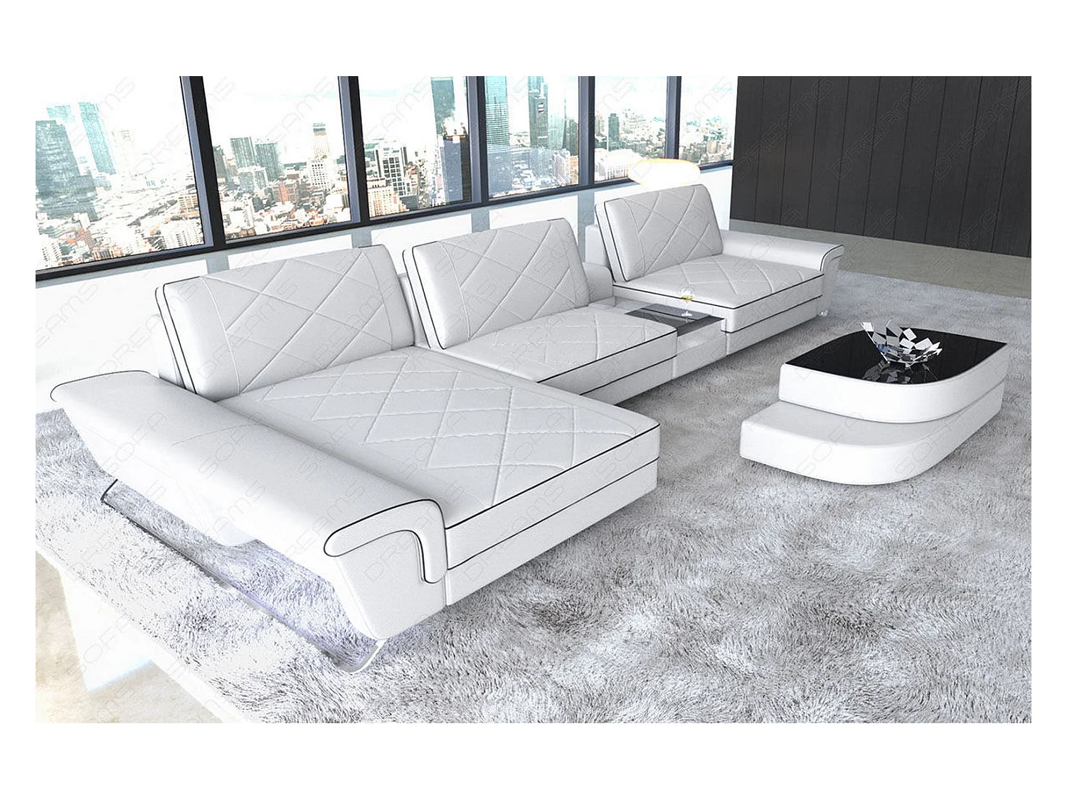 Ledersofa Bari L Kunstleder Weiß Schwarz Links