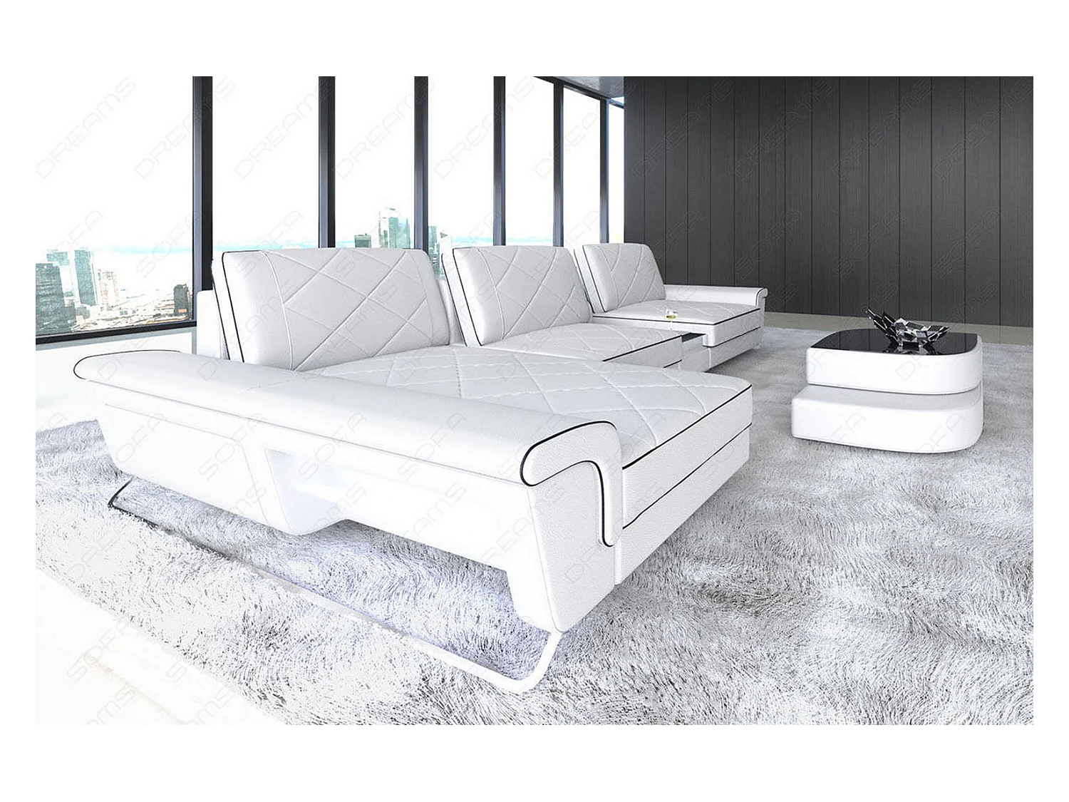 Ledersofa Bari L Kunstleder Weiß Schwarz Links