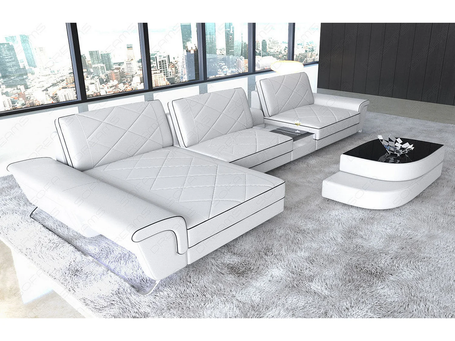 Ledersofa Bari L Kunstleder Weiß Schwarz Links