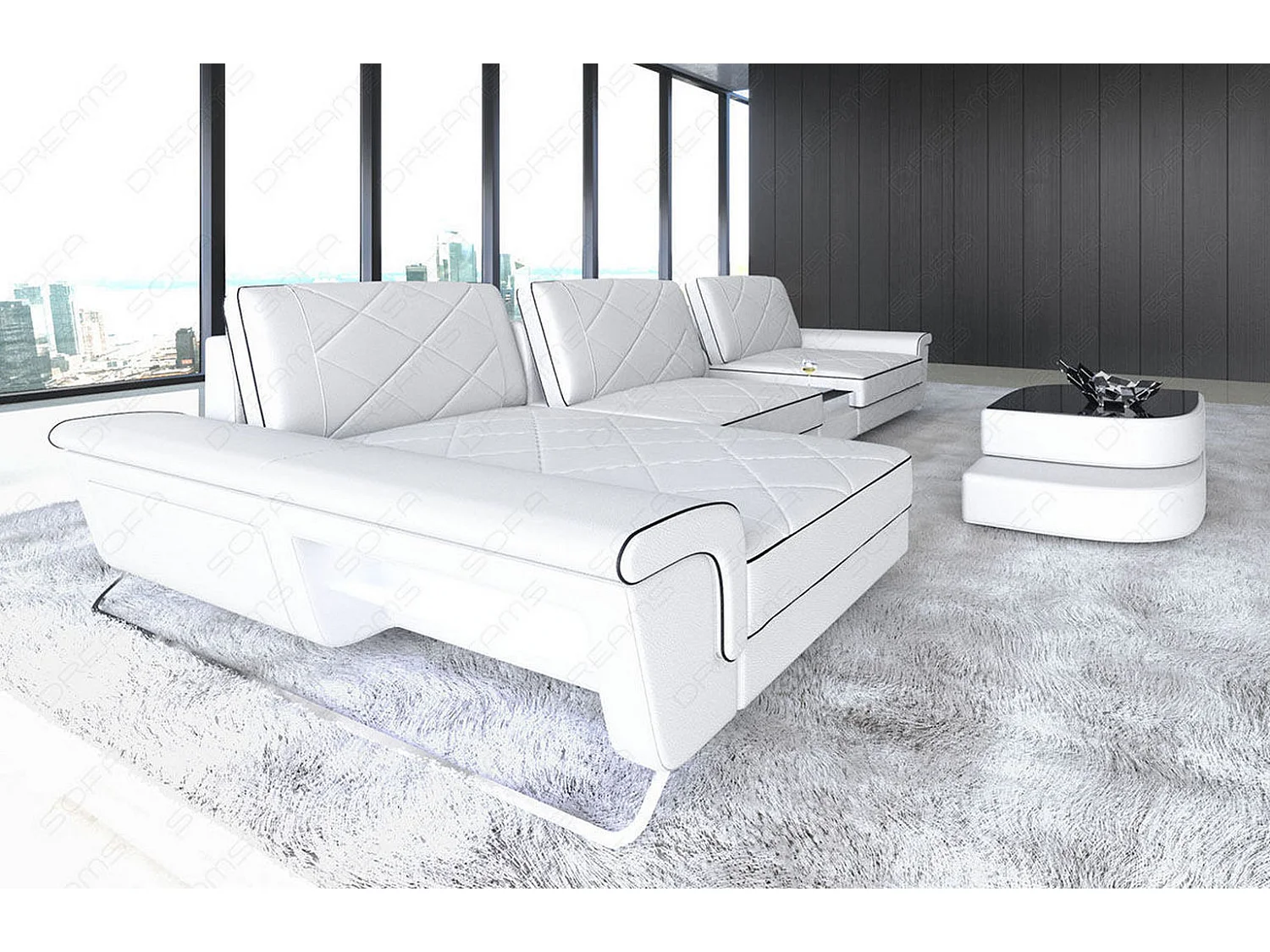 Ledersofa Bari L Kunstleder Weiß Schwarz Links