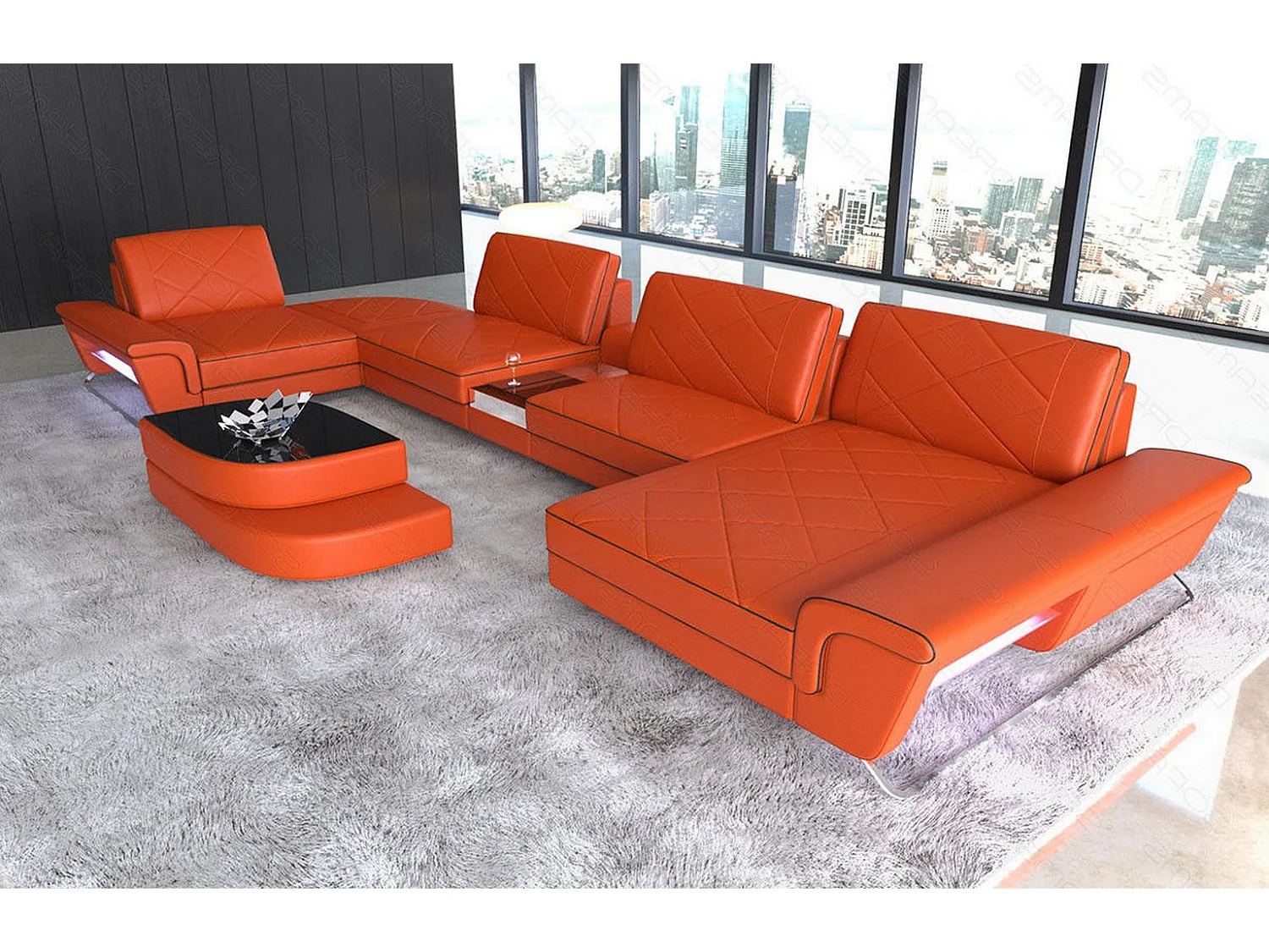 Sofa Bari U Leder Echtleder Orange Schwarz Rechts