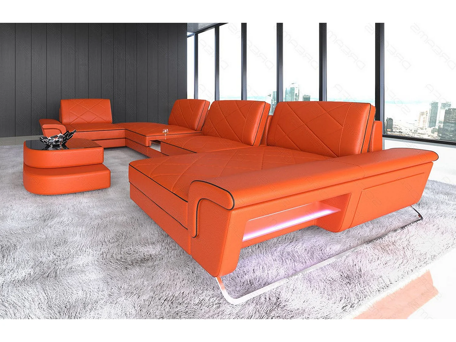 Sofa Bari U Leder Echtleder Orange Schwarz Rechts
