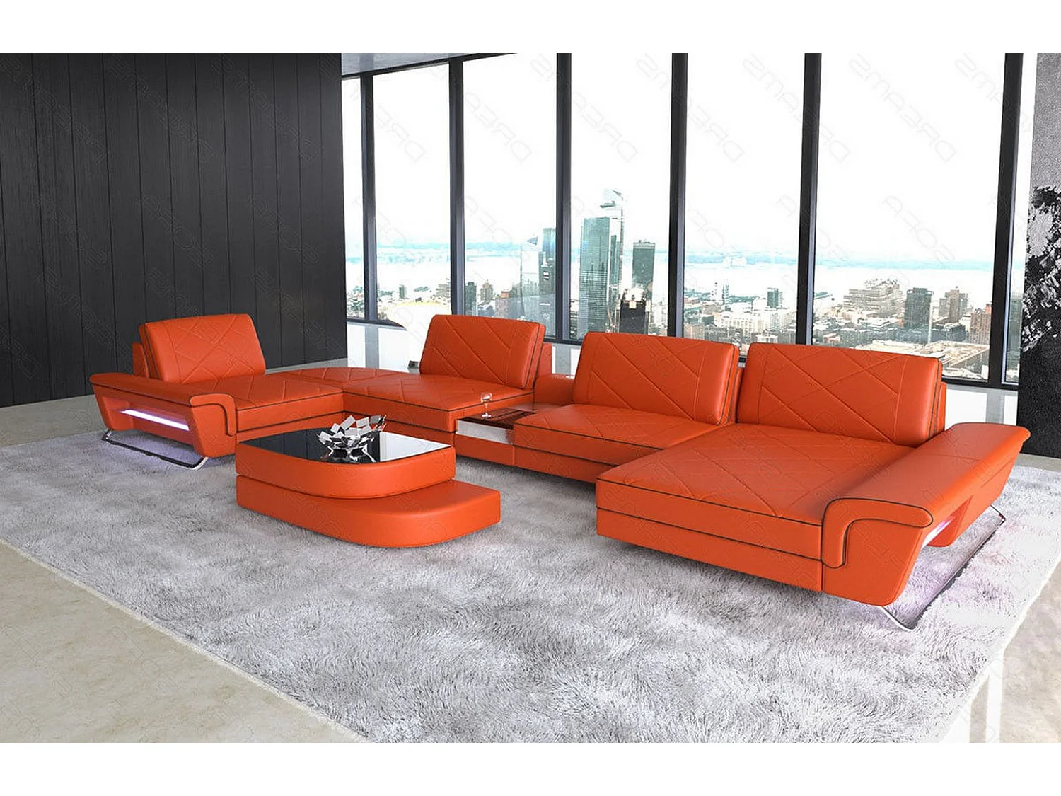 Sofa Bari U Leder Ledermix Orange Schwarz Rechts