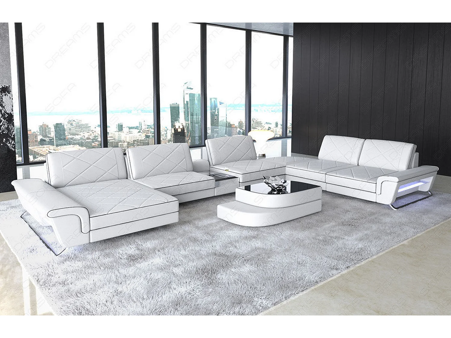 Sofa Bari U XXL Leder Ledermix Weiß Schwarz Links