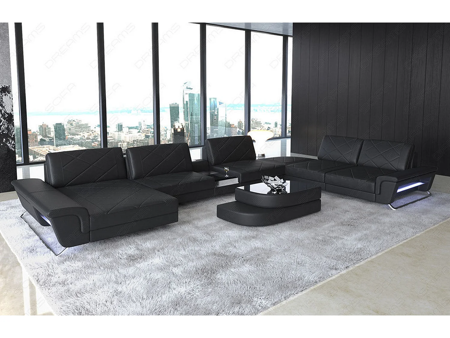 Sofa Bari U XXL Leder Echtleder Schwarz Links