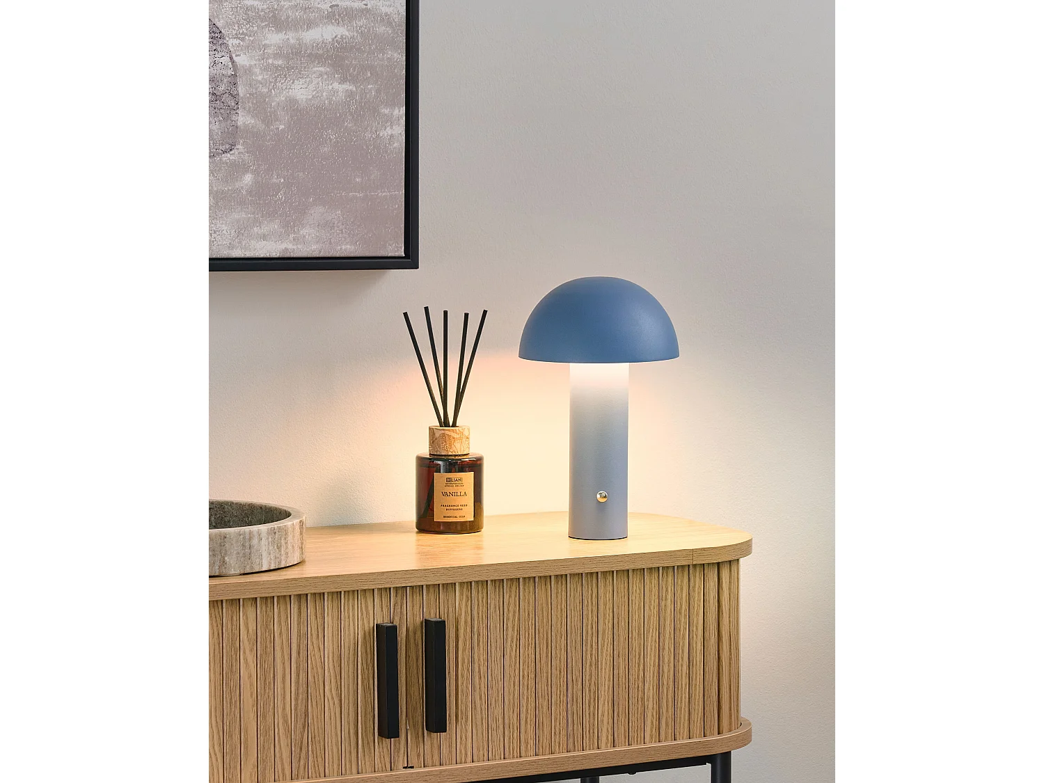 Tischlampe LED Metall blau Dimmfunktion wiederaufladbar kabellos Pilzform Bojo