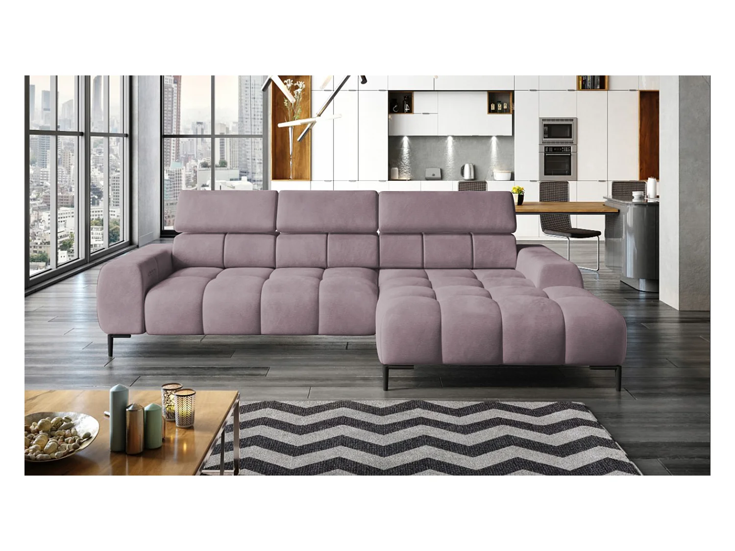 PlazaMINI Polsterecke L-Form Rechts, Ecksofa mit Schlaffunktion, 3-Sitzer, verstellbare Kopfstützen, MONOLITH, 177x270x99 cm, Puderrosa